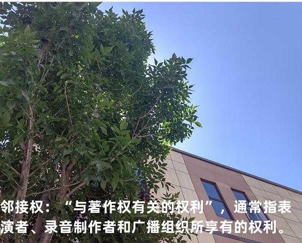 邻接权：“与著作权有关的权利”，通常指表演者、录音制作者和广播组织所享有的权利。